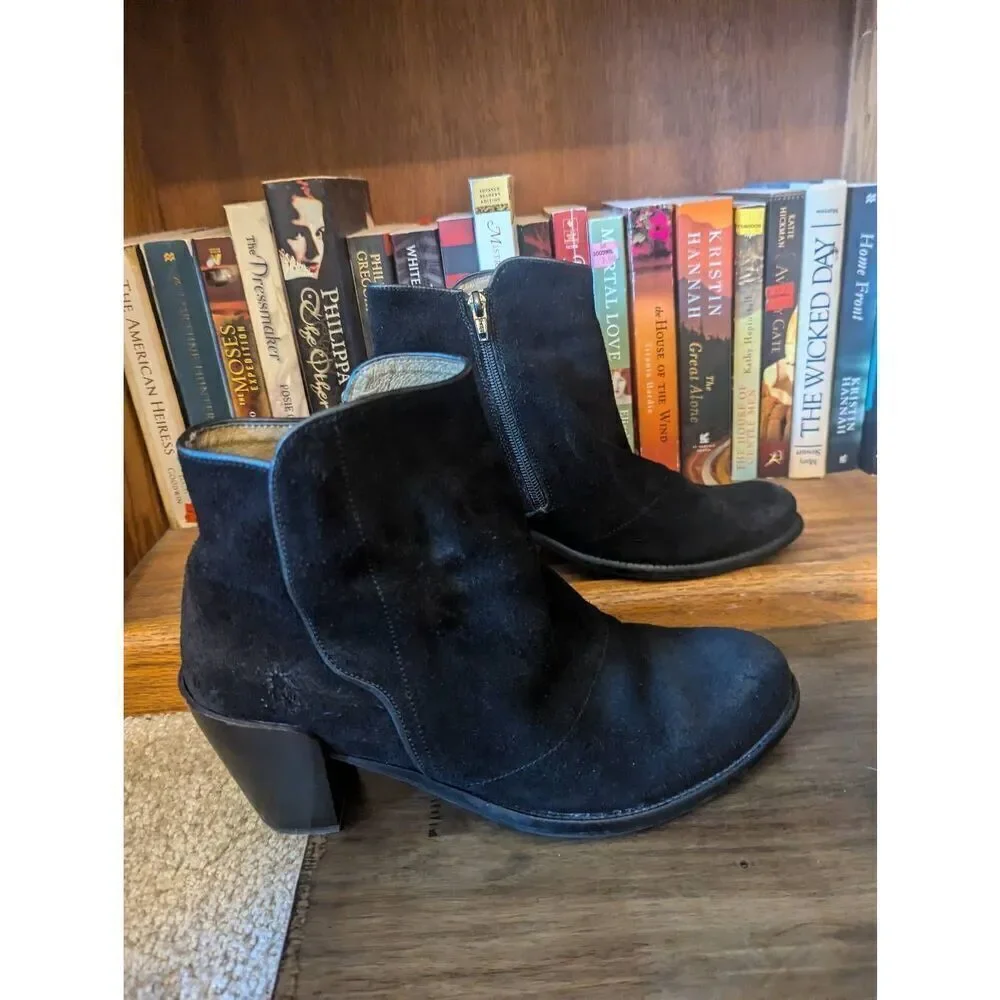 Fly London Women’s Size EU 40 US 10 Black Suede Ankle Booties Boots Heeled
